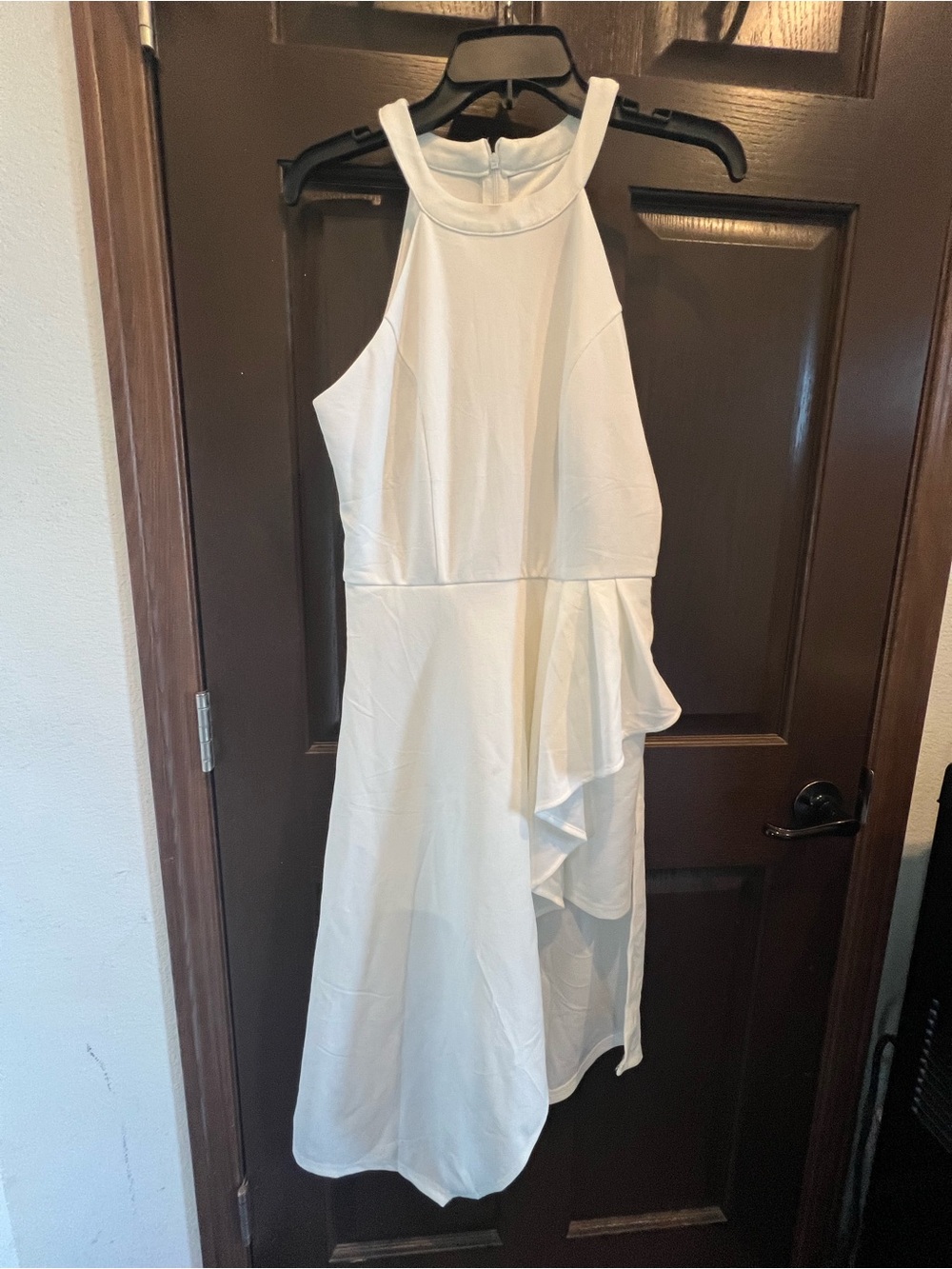 White Sleeveless Halter Midi Dress with Side Ruffle
